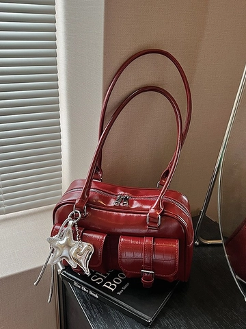 Damen Krokodilmuster PU Leder Schultertasche Vintage Glänzend Achseltasche Stern Herz Anhänger Doppelreißverschluss Boston Bag