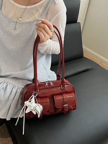 Damen Krokodilmuster PU Leder Schultertasche Vintage Glänzend Achseltasche Stern Herz Anhänger Doppelreißverschluss Boston Bag