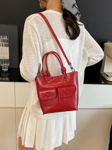 Sac à Main Vintage en Cuir PU à Relief Crocodile pour Femmes Sac Cabas à Poignée à Nœud Avec Bandoulière Mode