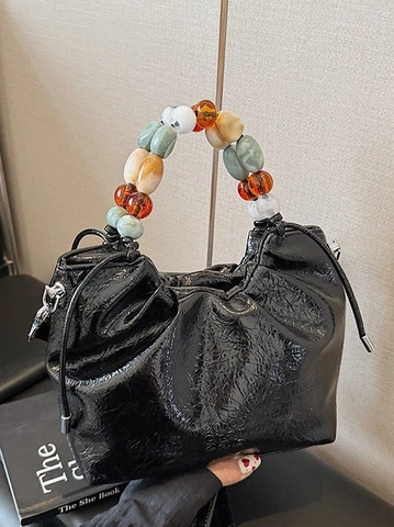 Borsa a Secchiello da Donna in Pelle PU con Manico in Perline Colorate Design a Pieghe con Coulisse Borsa a Tracolla Minimalista