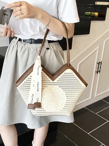Borsa Tote da Donna in Pelle PU con Perforazioni Grande Capacità Taglio Laser Traforata Borsa a Tracolla con Nastro per Ufficio