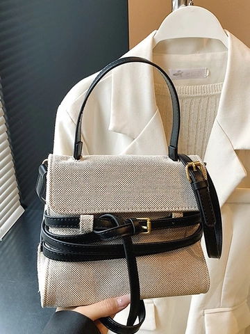 Bolso Bandolera de Lona y Cuero PU de Moda para Mujer Color de Contraste Bolso de Mano Vintage Bolso Cuadrado Pequeño para Viaje Diario Bolso de Hombro