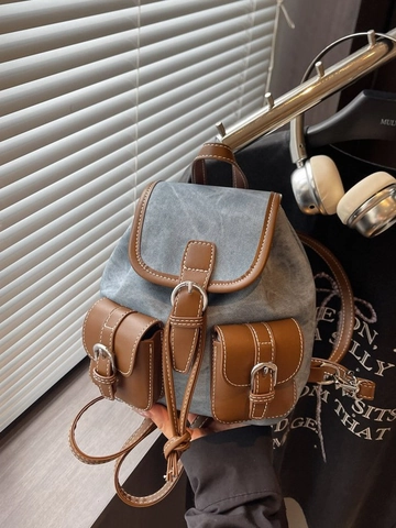 Women's Retro PU Denim Patchwork Small Backpack Urban Simple Color Clashing Mini School Bag Daily Versatile Travel Backpack