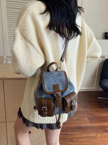 Women's Retro PU Denim Patchwork Small Backpack Urban Simple Color Clashing Mini School Bag Daily Versatile Travel Backpack