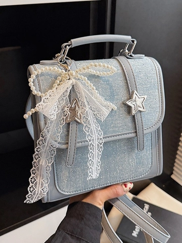 Damen Koreanische Mode Patchwork Rucksack Handtasche Süße Y2K Denim PU Leder Tasche Mit Perlen Spitzen Schleife Stern Dekor Student Tasche