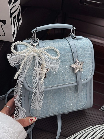 Damen Koreanische Mode Patchwork Rucksack Handtasche Süße Y2K Denim PU Leder Tasche Mit Perlen Spitzen Schleife Stern Dekor Student Tasche