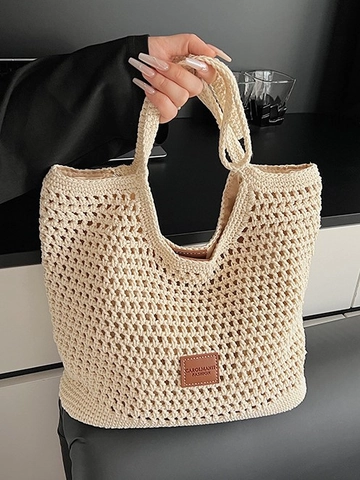 Damen Handgewebte Häkel-Strick-Tragetasche Große Kapazität Ausgeschnitten Strand Urlaub Umhängetasche Mit Magnetschnalle Urban Handtasche