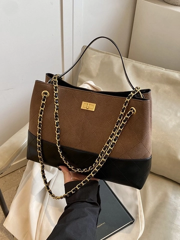 Retro PU Leder Farbblock Gesteppte Tragetasche Für Damen Kette Riemen Rautenmuster Metallschloss Täglich Schultertasche
