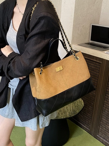 Retro PU Leder Farbblock Gesteppte Tragetasche Für Damen Kette Riemen Rautenmuster Metallschloss Täglich Schultertasche