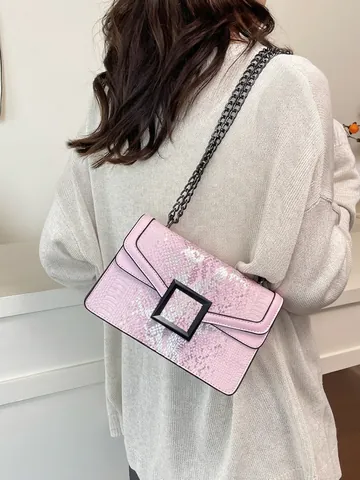 Women's Snake Pattern PU Leather Crossbody Bag Modern Metal Chain Strap Flap Small Square Shoulder Bag With Square Buckle
