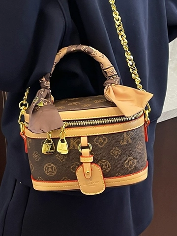 Women Retro Monogram PU Leather Vanity Case Bag With Silk Scarf Handle Chain Strap Crossbody Shoulder Bag Fashion Box Handbag