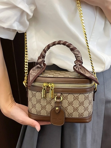 Women Retro Monogram PU Leather Vanity Case Bag With Silk Scarf Handle Chain Strap Crossbody Shoulder Bag Fashion Box Handbag