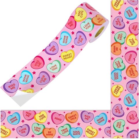 Valentine's Day Conversation Hearts Bulletin Board Border Stickers For Classroom Office Decoration Pink Heart Pattern Self-Adhesive Trim Roll