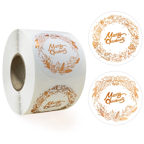 Autocollants Ronds Couronne Merry Christmas Or Étiquettes Papier Couché pour Emballage Cadeau Scellage Enveloppe Décor