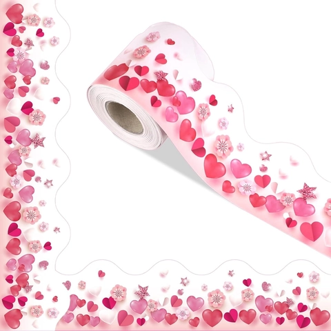Pegatinas de Borde de Tablón de Anuncios Flores de Corazón de San Valentín Borde Ondulado Autoadhesivo Rollo