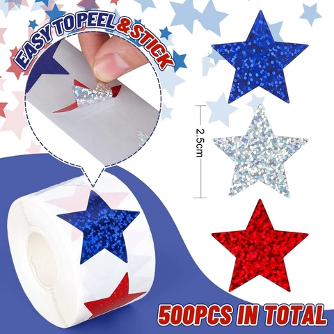 Rouleau d'Autocollants Étoiles Laser Holographiques Pour Récompenses Enfants Enseignants Décorations de Classe Articles de Fête Patriotiques Rouge Bleu Argent Mixte Autocollants Décoratifs