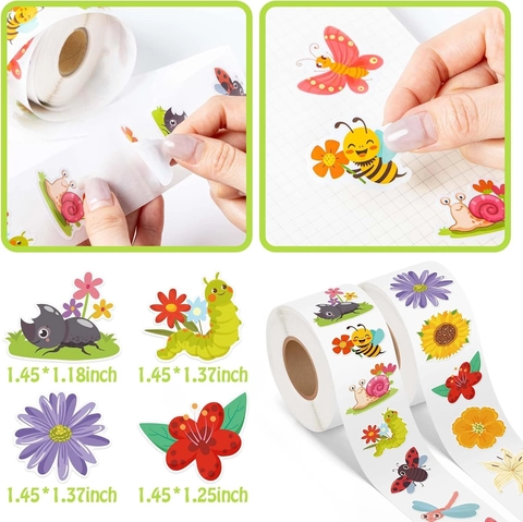 Rotolo Adesivi Primavera Cartone Animato Farfalla Fiore Insetto Carta Patinata Autoadesiva Etichette Per Confezione Regalo Fai Da Te