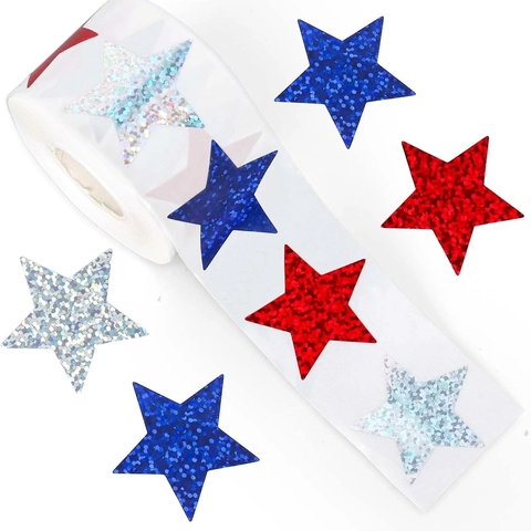 Rouleau d'Autocollants Étoiles Laser Holographiques Pour Récompenses Enfants Enseignants Décorations de Classe Articles de Fête Patriotiques Rouge Bleu Argent Mixte Autocollants Décoratifs