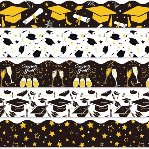 Graduation Bulletin Board Border Stickers Black Gold Scalloped Decorative Classroom Paper Borders For Party School Decor