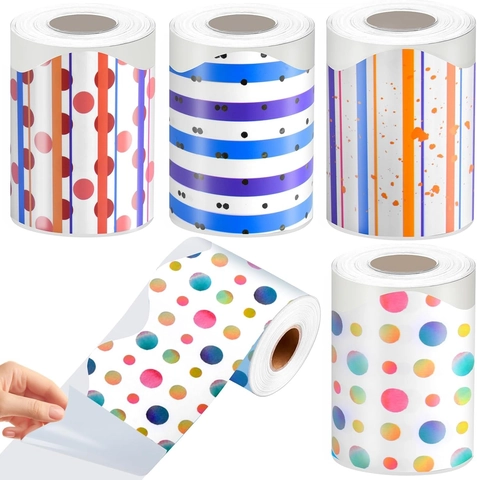 Scalloped Bulletin Board Border Stickers Self-Adhesive Colorful Polka Dot Striped Decorative Border Trim For Classroom School Office DIY Decoration