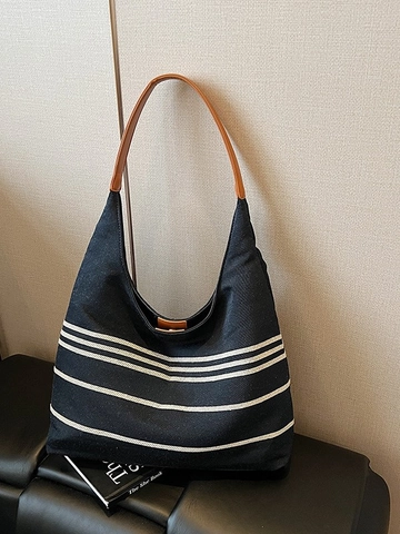 Bolso Tote de Cuero PU Retro de Gran Capacidad para Mujer Bolso de Hombro Minimalista a Rayas Bolso de Mano Hobo Impermeable