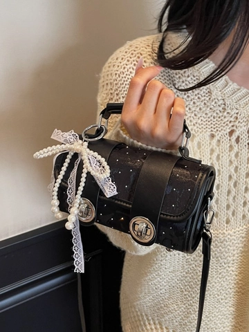 Borsa Sottobraccio Donna Design di Nicchia con Fiocco Perle Pizzo Decorazione in Pelle PU Borsa a Tracolla Stile Dolce per Appuntamento