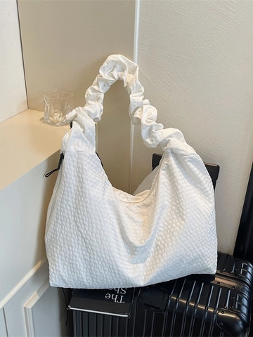 Damen Große Kapazität Shopper Geraffter Griff Hobo Tasche Gitter Waffelstruktur Stoff Schultertasche Lässige Alltagstasche