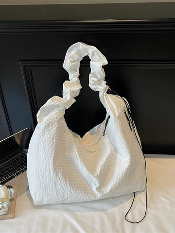Damen Große Kapazität Shopper Geraffter Griff Hobo Tasche Gitter Waffelstruktur Stoff Schultertasche Lässige Alltagstasche