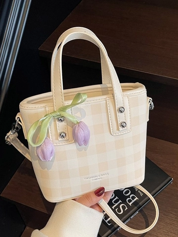Korean Style Checkerboard PU Leather Bucket Bag For Women Fashion High End Tote Bag With Tulip Charm Summer Casual Shoulder Bag