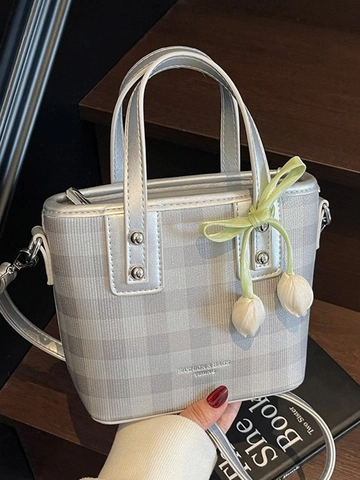 Korean Style Checkerboard PU Leather Bucket Bag For Women Fashion High End Tote Bag With Tulip Charm Summer Casual Shoulder Bag