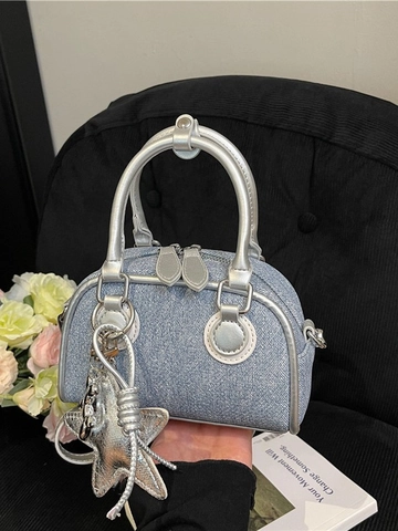 Bolso Boston de Denim Patchwork de Tendencia para Mujer Y2K Color de Contraste Bolso de Hombro Con Amuleto de Estrella Bolso de Mano Bowling