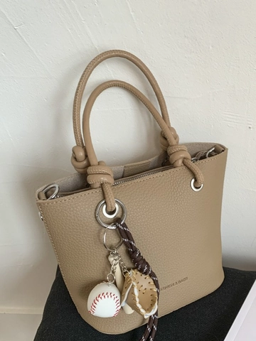 Petit Sac Seau en Cuir PU pour Femme Motif Litchi Avec Poignée Nouée Charme de Baseball Sac à Main de Bureau Décontracté