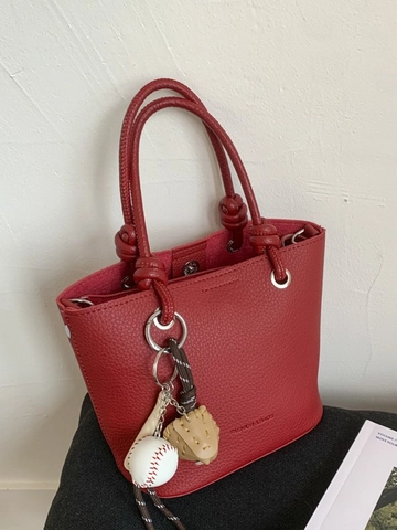 Petit Sac Seau en Cuir PU pour Femme Motif Litchi Avec Poignée Nouée Charme de Baseball Sac à Main de Bureau Décontracté