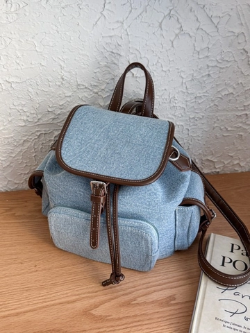 Vintage Denim Patchwork Rucksack Für Damen Preppy Stil Leinwand Rucksack Mit Kordelzug Klappe Schule Reise Schultertasche