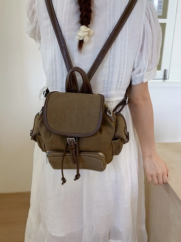 Vintage Denim Patchwork Rucksack Für Damen Preppy Stil Leinwand Rucksack Mit Kordelzug Klappe Schule Reise Schultertasche