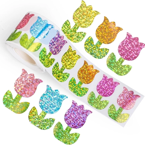 Cartoon Laser Glitter Stickers Roll Decorative Labels For Scrapbooking Gift Sealing DIY Multi Patterns Tulip Butterfly Decor
