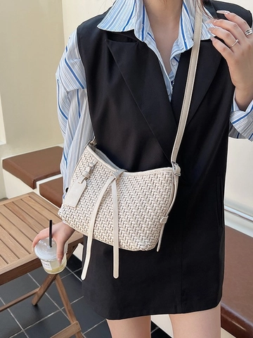 Damen Fashion Gewebte Umhängetasche PU Leder Eimer Schultertasche Vielseitige Achseltasche Für Urlaub Alltag Minimalistisch