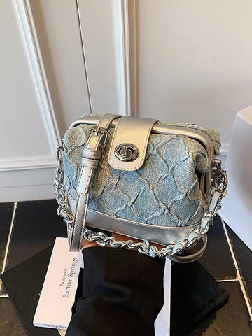 Women Denim Metallic Silver Quilted Crossbody Bag Fashion Chain Box Small Square Shoulder Bag For Daily Use