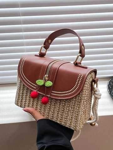 Bolso de Mano de Paja Tejida para Mujer Con Patchwork de Cuero PU Colgante de Cereza Borla Correa de Cuerda Bolso de Playa