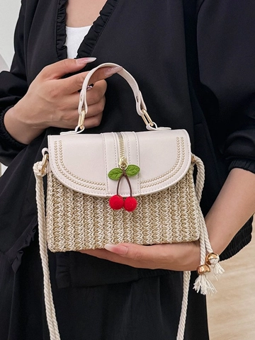 Bolso de Mano de Paja Tejida para Mujer Con Patchwork de Cuero PU Colgante de Cereza Borla Correa de Cuerda Bolso de Playa