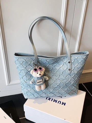 Damen Große Kapazität Plissee Webstruktur Tote-Tasche Urban Casual PU Leder Schultertasche Mit Teddybär Anhänger Shopper Handtasche