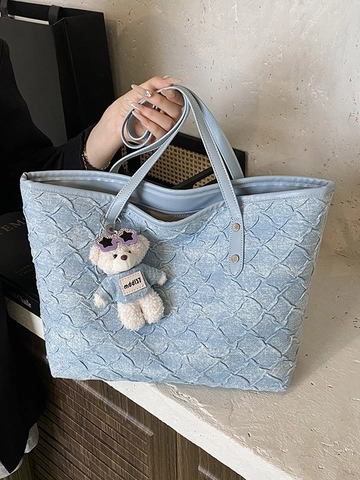 Damen Große Kapazität Plissee Webstruktur Tote-Tasche Urban Casual PU Leder Schultertasche Mit Teddybär Anhänger Shopper Handtasche