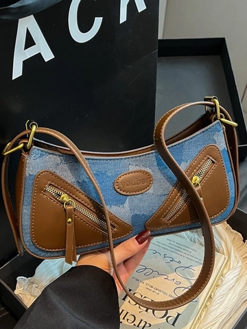 Ρετρό Denim Patchwork Τσάντα Ώμου για Γυναίκες Μόδα Συνδυασμός Χρωμάτων Φερμουάρ Λεπτομέρεια Τσάντα Baguette