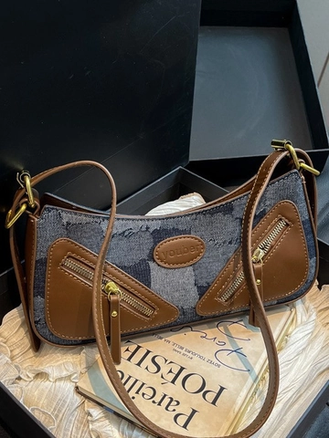 Ρετρό Denim Patchwork Τσάντα Ώμου για Γυναίκες Μόδα Συνδυασμός Χρωμάτων Φερμουάρ Λεπτομέρεια Τσάντα Baguette