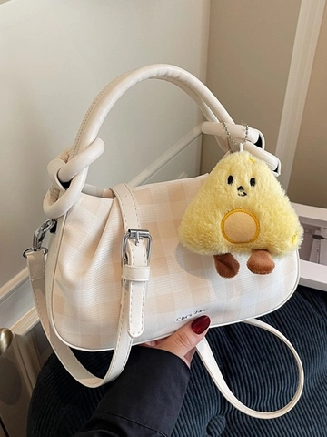 Women Plaid Handbag Knotted Handle Pleated Cloud Crossbody Bag PU Leather Shoulder Bag With Plush Charm Fashionable Bag