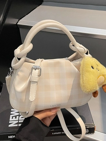 Women Plaid Handbag Knotted Handle Pleated Cloud Crossbody Bag PU Leather Shoulder Bag With Plush Charm Fashionable Bag