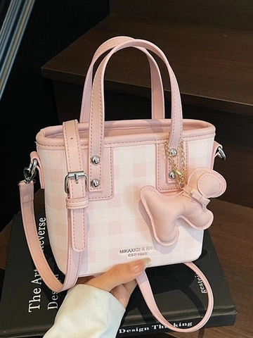 Borsa a Secchiello a Quadri da Donna in Pelle PU Piccola Gingham Borsa a Tracolla Con Ciondolo Cucciolo Borsa a Mano Moda
