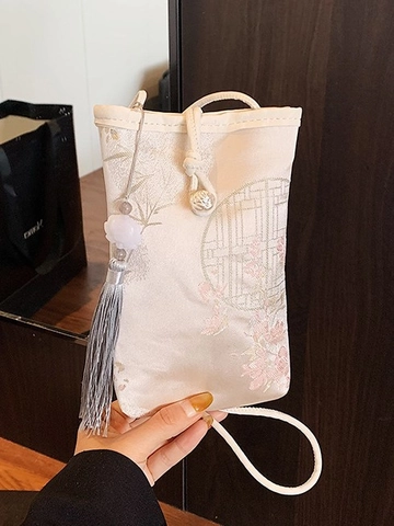 Nuova Borsa a Tracolla per Cellulare Ricamata in Stile Cinese Mini Estate Casual Versatile in Pelle PU con Ciondolo a Nappa