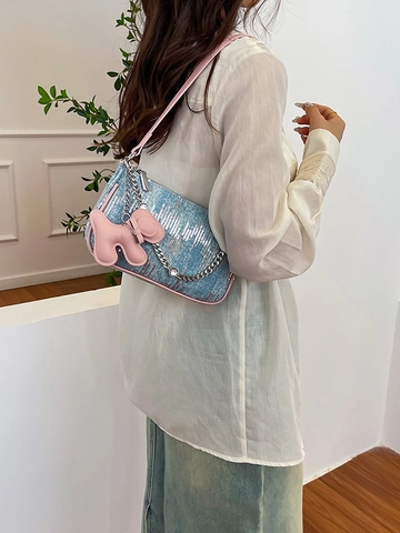 Borsa da Donna alla Moda in Denim con Paillettes Borsa da Sottobraccio Retro Y2K con Catena Metallica e Ciondolo a Cane