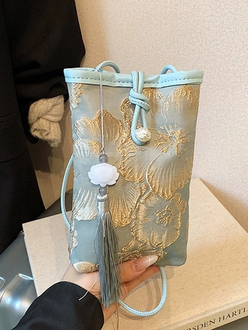 Nuova Borsa a Tracolla per Cellulare Ricamata in Stile Cinese Mini Estate Casual Versatile in Pelle PU con Ciondolo a Nappa